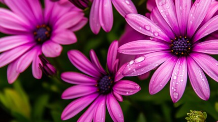 Wall Mural - A bunch of purple flowers with water droplets on them