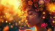 © decorator - Futuristic goddess exuding serenity in a golden sunset with floral and starry hair adornment