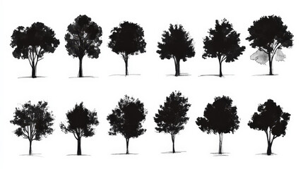 Trendy set of black silhouettes of trees on a white background, made with ink, rough brushstrokes. Generative AI