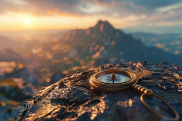 Vintage compass on map with mountain sunset in background