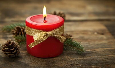 A red candle with a gold ribbon on top of a wooden table