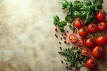 Fresh tomatoes and basil arranged on a rustic countertop, showcasing vibrant colors and natural ingredients for cooking