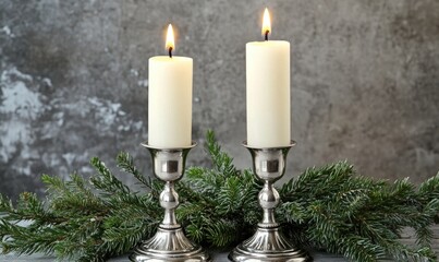 Two candles are lit on a table with green leaves