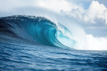 giant blue ocean wave breaking under cloudy sky