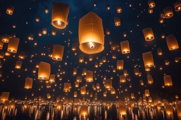 Hundreds of paper lanterns floating up into the night sky over water