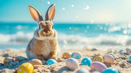 Poster - Cheerful Easter Bunny sitting the sandy beach surrounded by colorful Easter eggs gentle waves in the background creating a playful and vibrant spring scene perfect for celebrating Easter