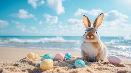 Poster - Cheerful Easter Bunny sitting the sandy beach surrounded by colorful Easter eggs gentle waves in the background creating a playful and vibrant spring scene perfect for celebrating Easter