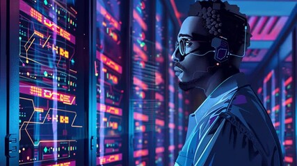 Leinwandbilder - A technician is deeply focused on monitoring advanced servers in a modern data center, surrounded by glowing neon screens displaying complex data analytics.