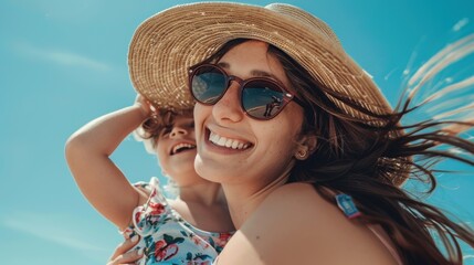 Mother and child joyfully leap in the sand under a blue sky, celebrating together during a summer holiday or family bonding time on a seaside vacation