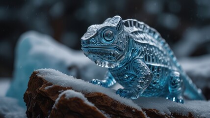 Wall Mural - A glass chameleon sculpture sits on a snowy rock in a winter forest.