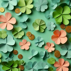 Poster - Cheerful St Patrick's Day background featuring flat lay design with colorful paper art fourleaf clover confetti alongside sparkling gold coins set against a vibrant green surface