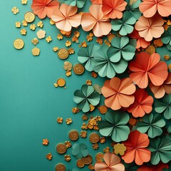 Poster - Cheerful St Patrick's Day background featuring flat lay design with colorful paper art fourleaf clover confetti alongside sparkling gold coins set against a vibrant green surface