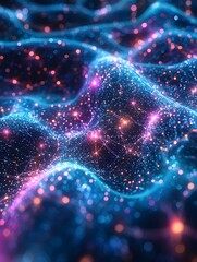 Poster - A mesmerizing abstract digital landscape showcases flowing waves of vibrant blue, pink, and purple hues, illuminated by sparkling points of light, evoking a sense of depth and mystery.