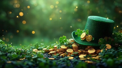 Poster - Cheerful St Patrick's Day banner displaying glossy green hat next to a cascade of gold coins and lush clover leaves creating a vibrant and inviting atmosphere for the holiday