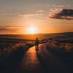 Wall Mural - Silhouette of Person Cycling on Country Road at Picturesque Sunset