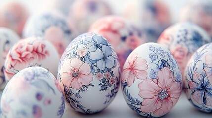 Poster - Closeup of Easter eggs decorated stunningly detailed floral patterns in shades of lavender and rose The floral motifs created with generative AI are set against a minimalist white background