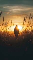 Wall Mural - Silhouetted Figure Walking Through Glowing Grass Field at Sunset