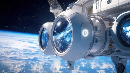 Poster - This futuristic space station showcases the beauty of Earth from its observation modules, designed for innovative research and exploration