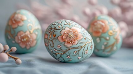 Poster - Closeup of Easter eggs complex floral designs including swirling vines and blooming petals The patterns are highlighted on eggs with muted tones set on a pale blue surface for a minimal look