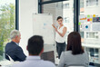 © ThurstanJam/peopleimages.com - Presentation, planning and businesswoman at whiteboard in office for finance budget infographic. Discussion, brainstorming and financial advisor with KPI review for revenue, dividend or profit goals.