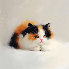 A fluffy calico cat lounging gracefully on a soft white surface, exuding a calm and serene demeanor.