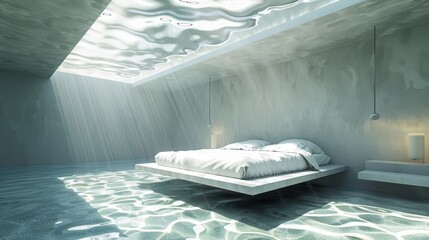 Wall Mural - Minimalist contemporary bedroom featuring floating bed, concrete floors, and glass water ceiling