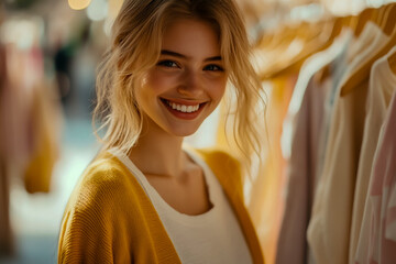 Cute woman shopping in a fashion store, looking at on a hanger rack and smiling happily while trying on a new outfit.