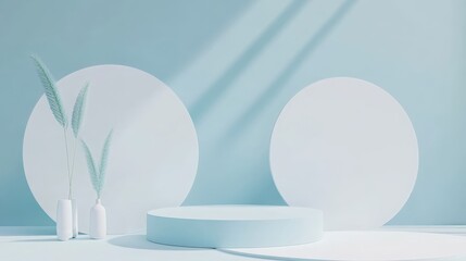Poster - Trendy minimal 3D render featuring a podium against a pastel blue and white abstract background