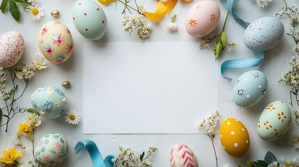 Poster - Creative Easter flat lay featuring colorful painted eggs spring flowers decorative ribbons surrounding a blank white paper space for text or design ideas all set against a light backdrop
