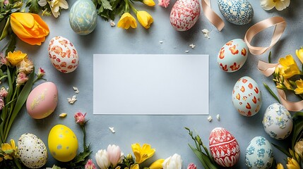 Poster - Creative Easter flat lay featuring colorful painted eggs spring flowers decorative ribbons surrounding a blank white paper space for text or design ideas all set against a light backdrop