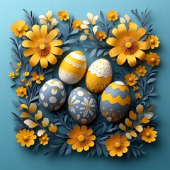 Poster - Creative Easter holiday greeting card composition featuring bold yellow grey paper cut flowers elegantly framing a collection of 3D eggs designed to spread happiness this season