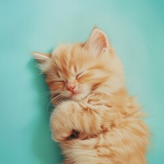 Adorable fluffy orange kitten sleeping peacefully on a soft teal background.