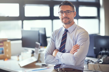 Aufkleber - Portrait, confidence and mature business man with company experience, pride and integrity in office. Face, arms crossed and expert manager, professional and tax consultant with glasses in Finland