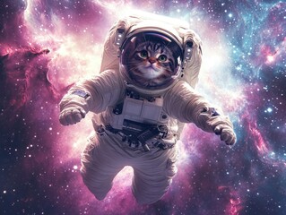 Wall Mural - Tabby cat floating in outer space, dressed in a detailed astronaut suit with a cosmic nebula background. A whimsical, playful space adventure featuring a feline explorer.
