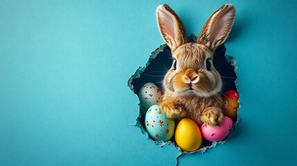 Poster - Cute fluffyeared bunny peeking curiously out of torn hole in a vibrant blue wall surrounded by colorful Easter eggs and a cheerful spring atmosphere with space for festive text