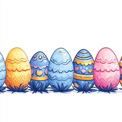 Poster - Cute handdrawn Easter eggs forming seamless horizontal pattern with intricate designs in pink blue and yellow This Easter decoration is great for creating festive wallpapers or fun banners