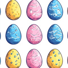 Poster - Cute handdrawn Easter eggs forming seamless horizontal pattern with intricate designs in pink blue and yellow This Easter decoration is great for creating festive wallpapers or fun banners