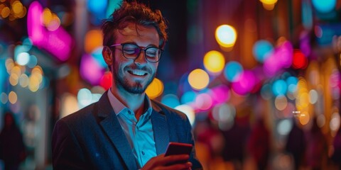 Professional using a cellphone and typing at night for travel opportunities, showcasing success or employment with a smile while communicating in an urban setting