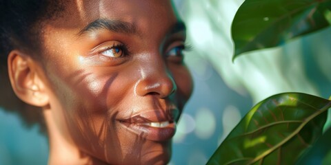 Wall Mural - Beauty and skincare routine featuring a happy woman in a studio, showcasing a natural facial treatment against a green backdrop