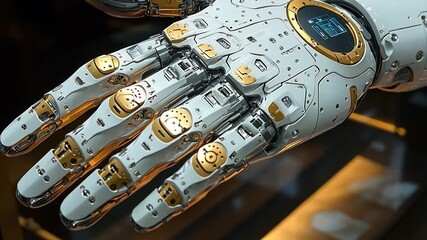 Poster - This robotic hand features a sleek design with metallic components and intricate detailing. Prosthesis