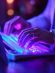 Poster - A close-up of a person's hands typing on a backlit keyboard, surrounded by a vibrant purple glow.
