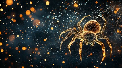 A golden spider glistens in its web amidst a backdrop of shimmering lights.