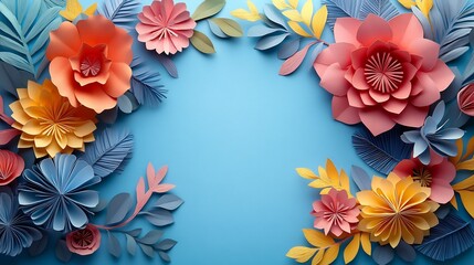 Poster - Delicate paper cut flowers leaves in a variety of colors arranged around the border of a springthemed background A clean design with space for text ideal for seasonal templates or posters