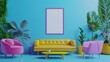 © Deris Firmansyah - Interior desgin of modern living room interior with mock up poster frame, colorful decorations and accessories, plants, sofa, coffee table. Blue wall. Home decor