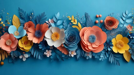 Poster - Delicate paper cut flowers leaves in a variety of colors arranged around the border of a springthemed background A clean design with space for text ideal for seasonal templates or posters