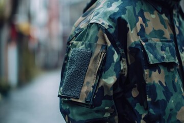 A close-up view of a person wearing a camouflage jacket