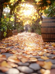 A picturesque pathway lined with autumn leaves and barrels, illuminated by golden sunlight.