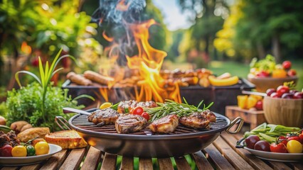 Sizzling BBQ grill with smoky flames and savory meat, set against a blurred background of a lively summer backyard party with lush greenery.