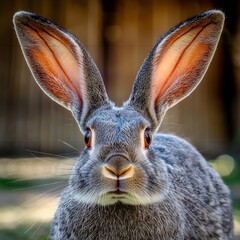 A close-up of a gray rabbit with large ears and bright eyes, exuding curiosity and charm in a natural setting.