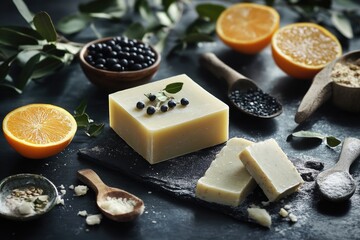 Wall Mural - A bar of soap sits on a cutting board, ready for use